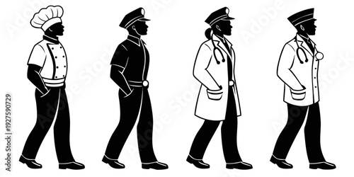 Four officers walking in a line with different uniforms and hats Vector