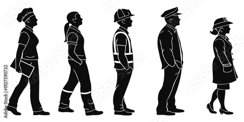 Diverse group of people standing in a line, showcasing different postures and attire Vector