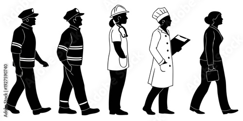 A diverse group of people walking in a line, showcasing various styles and attire Vector
