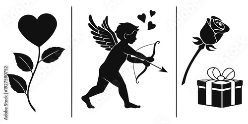 Romantic illustration featuring a cupid, roses, and a gift Vector