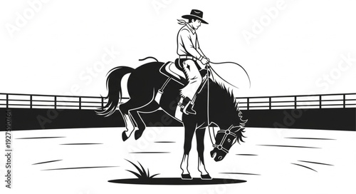 Cowboy riding a bucking horse in a rodeo arena.