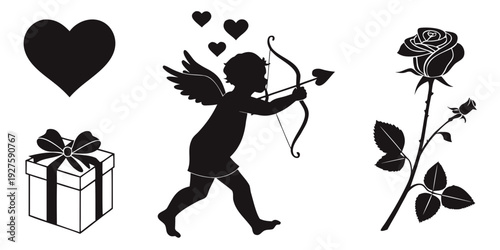 Cupid holding a bow and arrow surrounded by hearts, flowers, and a gift box Vector