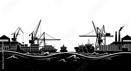 Silhouette of a busy industrial cargo port with container ships, cranes, and logistics warehouses