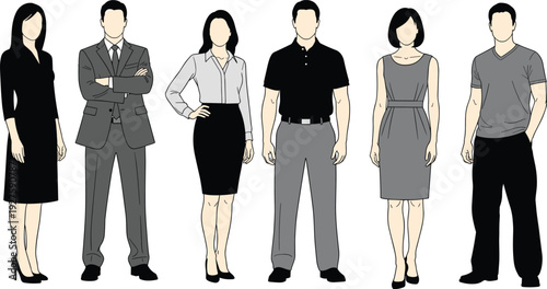 Diverse faceless group of people in business casual mix, suits dresses polo shirts blouses pants, blank faces, modern flat vector illustration standing.