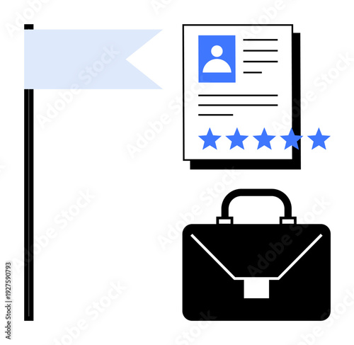 Resume highlighting a five-star rating, professional briefcase, and a minimalistic flag concept. Ideal for career development, recruitment concepts, job evaluation, hiring process, professional