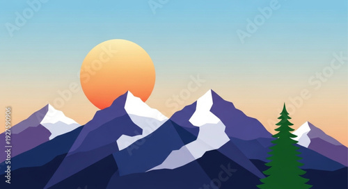 Majestic snow capped mountains at sunset with a lone pine tree.