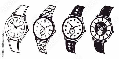 Four distinct wristwatches showcasing various styles and designs. Vector