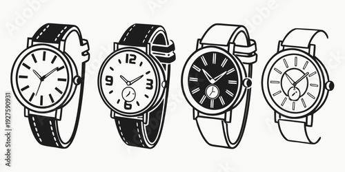 A series of intricate sketches depicting the transformation of a watch into various artistic forms Vector