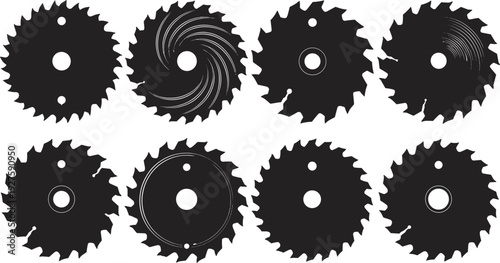 Circular saw blade silhouette set, black industrial cutting disc icons isolated vector collection design