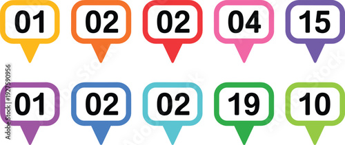Assortment of vibrant map pointer icons with numbers 01 to 19 location pin digit