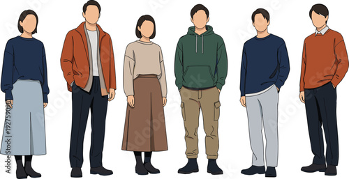 Diverse faceless group of people in casual autumn outfits, hoodies jackets sweaters long skirts trousers, blank faces, modern flat vector illustration standing.