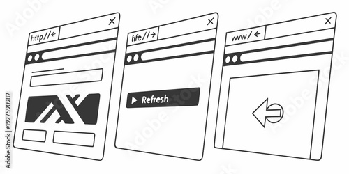 Three abstract computer screens displaying various interface elements and designs. Vector