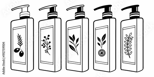 Five different types of spray bottles lined up next to each other Vector