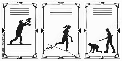 A sequence of illustrations depicting a person's journey from throwing a ball to being guided by a dog. Vector