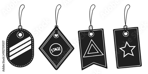 Four distinct tags showcasing various designs and patterns in black and white Vector