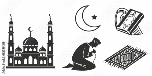 A serene night scene featuring a mosque, a crescent moon, and a praying figure. Vector