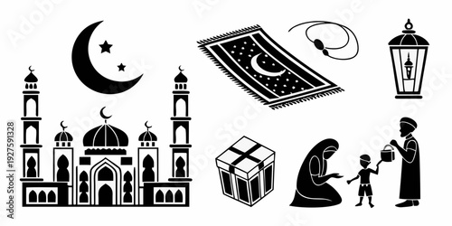 Illustration of a mosque, a crescent moon, and various islamic symbols. Vector