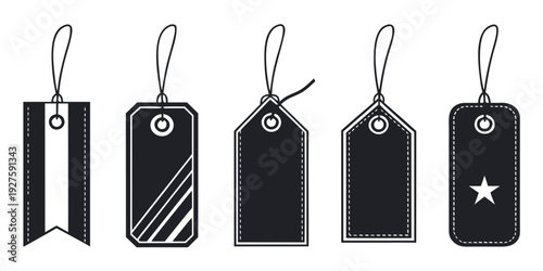 Assorted black and white tags with different patterns and designs Vector