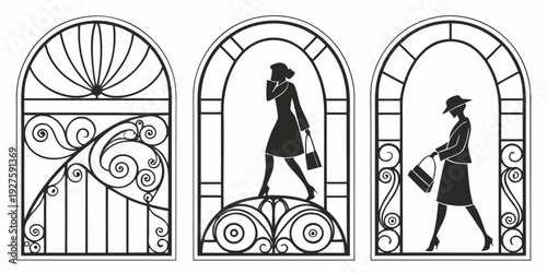 A depiction of a windmill, a person carrying a bundle, and a person walking with a staff. Vector