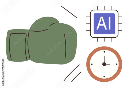 Artificial intelligence, innovation tension, competitive technology, digital transformation, efficiency, disruption. A boxing glove strikes with symbols AI and a clock. Artificial intelligence