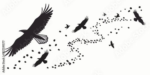 A majestic eagle soaring in the sky with a flock of birds following its path. Vector