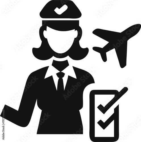 Female airline professional in uniform handling flight details with checklist and airplane symbol