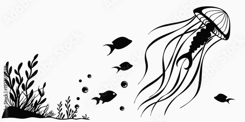 A majestic jellyfish glides through the ocean surrounded by small fish. Vector