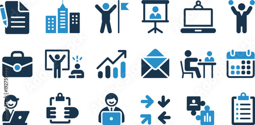 Business and Office Icons in Blue and Dark Blue Colors work success