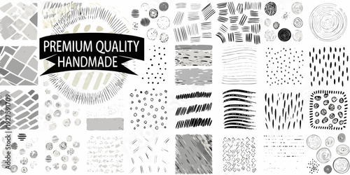 Collection of hand drawn monochrome textures and patterns with a quality label