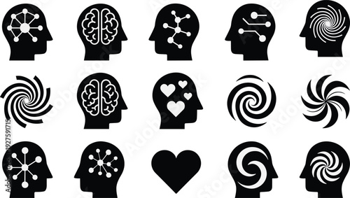 Black and white human head silhouettes with brain and heart symbols