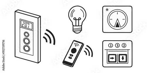 Smart home devices including thermostat, lightbulb, and remote control. Vector