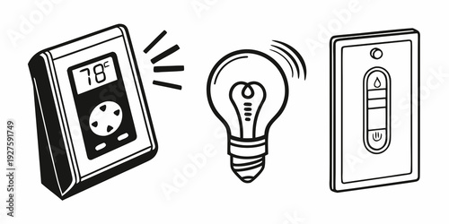 Smart home devices including a thermostat, lightbulb, and outlet for automation Vector