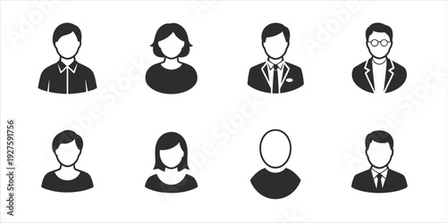 Set of eight black silhouette icons representing diverse human profiles and avatars people