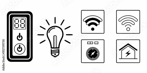 Smart home devices including a thermostat, light bulb, and security system. Vector
