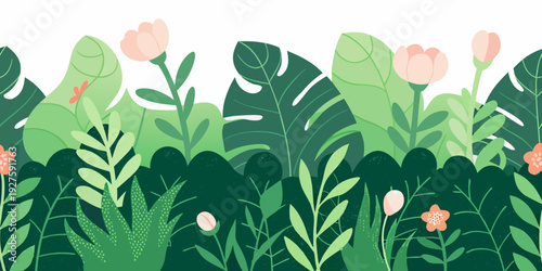 Stylized botanical illustration featuring tropical leaves and delicate pink flowers