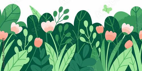 Stylized illustration of green foliage pink tulips and fluttering butterflies