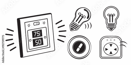Smart home devices including thermostat, speakers, light bulb, and alarm clock Vector