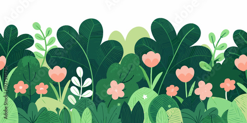 Stylized illustration of lush green foliage and delicate pink flowers