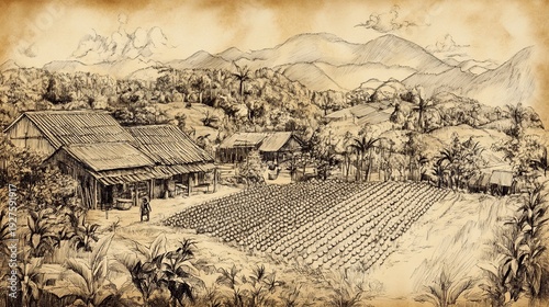 Rural Farmland Landscape in Mountains Sketch
