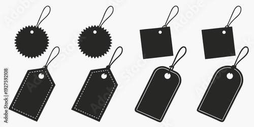 Assorted black tags with strings attached, arranged in a row. Vector