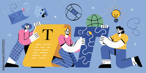 Teamwork and innovation concept with people building blocks and ideas