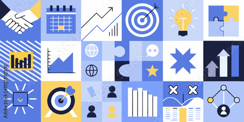 Business concepts and strategies visualized through a colorful tile arrangement