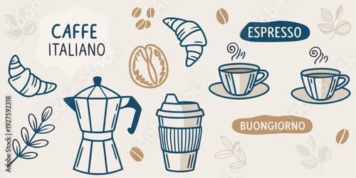 Italian coffee collection with croissants beans and brewing equipment