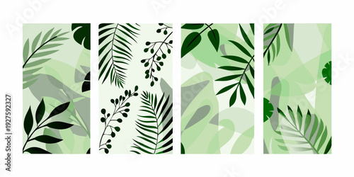 Vertical arrangements of tropical leaves in shades of green and white