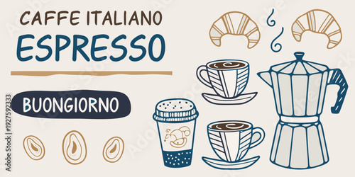 Italian coffee illustration featuring espresso croissants and coffee equipment