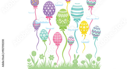 Colorful patterned Easter egg balloons float upwards above a whimsical spring meadow scene.