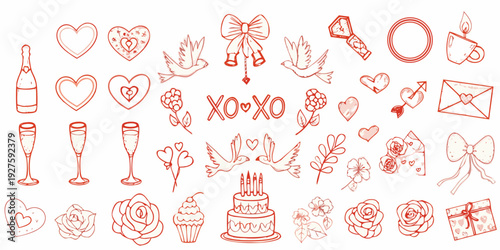 Hand drawn collection of romantic symbols hearts birds flowers and gifts