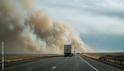 A truck drives along the highway close to the shoulder while thick gray smoke rises ahead beside the road, spreading toward the lane and gradually dispersing into the air
