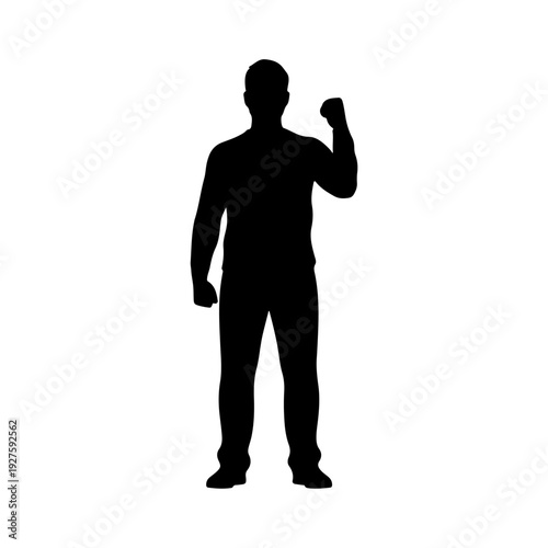 Silhouette of a man raising his fist in victory.