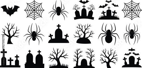 Halloween themed black silhouette icons of bats spiders graves and trees spooky scary